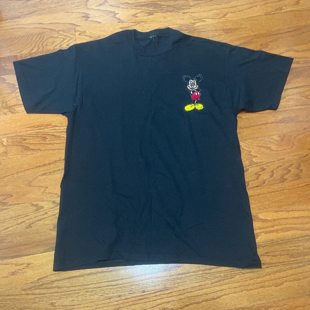 MICKEY Sequins/Beads Logo Short Sleeve Cotton Feel Black Tee Shirt Size Unknown